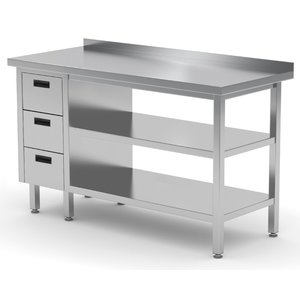 INOXI Work table with splashback, cabinet with three drawers and two undershelves - drawers on left side | 1700x700 mm INOXI Work table with splashback, cabinet with three drawers and two undershelves - drawers on left side | 1700x700 mm