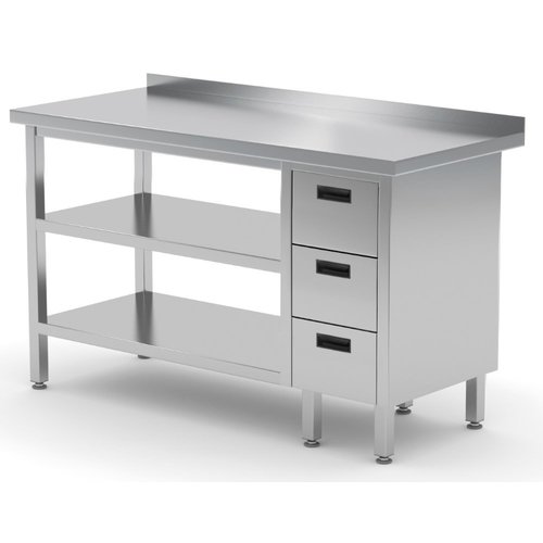 INOXI Work table with splashback, cabinet with three drawers and two undershelves - drawers on right side | 900x600 mm INOXI Work table with splashback, cabinet with three drawers and two undershelves - drawers on right side | 900x600 mm