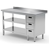 INOXI Work table with splashback, cabinet with three drawers and two undershelves - drawers on right side | 1200x600 mm