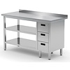INOXI Work table with splashback, cabinet with three drawers and two undershelves - drawers on right side | 1500x600 mm INOXI Work table with splashback, cabinet with three drawers and two undershelves - drawers on right side | 1500x600 mm