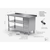 INOXI Work table with splashback, cabinet with three drawers and two undershelves - drawers on right side | 1500x600 mm INOXI Work table with splashback, cabinet with three drawers and two undershelves - drawers on right side | 1500x600 mm