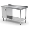 INOXI Work table with splashback, cabinet with hinged door and undershelf - cabinet on left side | 900x700 mm INOXI Work table with splashback, cabinet with hinged door and undershelf - cabinet on left side | 900x700 mm