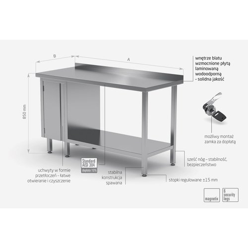 INOXI Work table with splashback, cabinet with hinged door and undershelf - cabinet on left side | 1200x600 mm INOXI Work table with splashback, cabinet with hinged door and undershelf - cabinet on left side | 1200x600 mm