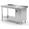INOXI Work table with splashback, cabinet with hinged door and undershelf - cabinet on right side | 1600x700 mm INOXI Work table with splashback, cabinet with hinged door and undershelf - cabinet on right side | 1600x700 mm