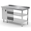 INOXI Work table with splashback, cabinet with hinged door and two undershelves - cabinet on left side | 1000x600 mm INOXI Work table with splashback, cabinet with hinged door and two undershelves - cabinet on left side | 1000x600 mm