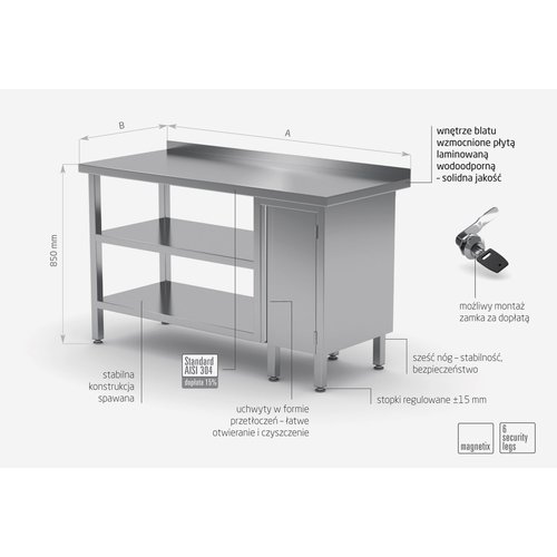 INOXI Work table with splashback, cabinet with hinged door and two undershelves - cabinet on right side | 1400x700 mm INOXI Work table with splashback, cabinet with hinged door and two undershelves - cabinet on right side | 1400x700 mm