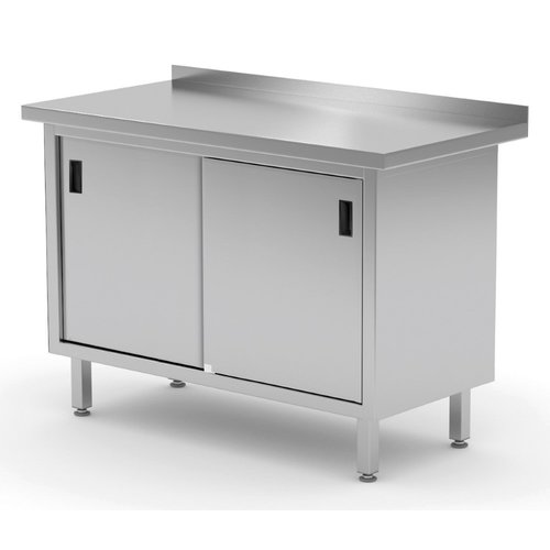 INOXI Work table with splashback, cabinet with sliding doors | 1700x700 mm INOXI Work table with splashback, cabinet with sliding doors | 1700x700 mm