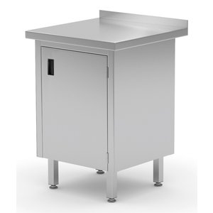 INOXI Work table with splashback, cabinet with hinged door | 500x600 mm