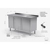 INOXI Work table with splashback, cabinet with hinged doors | 1400x600 mm INOXI Work table with splashback, cabinet with hinged doors | 1400x600 mm