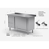 INOXI Work table with splashback, cabinet with two drawers and sliding doors - drawers on left side | 1400x700 mm