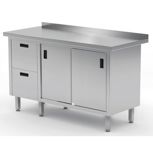 INOXI Work table with splashback, cabinet with two drawers and sliding doors - drawers on left side | 1700x600 mm
