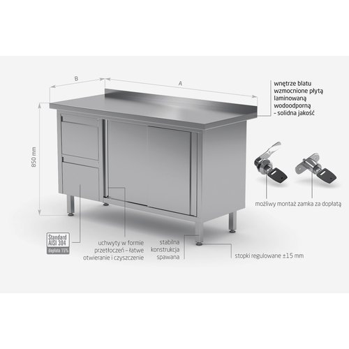 INOXI Work table with splashback, cabinet with two drawers and sliding doors - drawers on left side | 1800x600 mm INOXI Work table with splashback, cabinet with two drawers and sliding doors - drawers on left side | 1800x600 mm