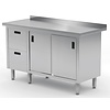 INOXI Work table with splashback, cabinet with two drawers and sliding doors - drawers on left side | 1900x600 mm INOXI Work table with splashback, cabinet with two drawers and sliding doors - drawers on left side | 1900x600 mm