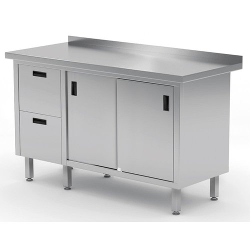 INOXI Work table with splashback, cabinet with two drawers and sliding doors - drawers on left side | 1900x700 mm INOXI Work table with splashback, cabinet with two drawers and sliding doors - drawers on left side | 1900x700 mm