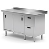 INOXI Work table with splashback, cabinet with two drawers and sliding doors - drawers on right side | 1200x600 mm INOXI Work table with splashback, cabinet with two drawers and sliding doors - drawers on right side | 1200x600 mm