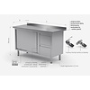 INOXI Work table with splashback, cabinet with two drawers and sliding doors - drawers on right side | 1500x600 mm