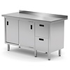 INOXI Work table with splashback, cabinet with two drawers and sliding doors - drawers on right side | 1700x700 mm INOXI Work table with splashback, cabinet with two drawers and sliding doors - drawers on right side | 1700x700 mm