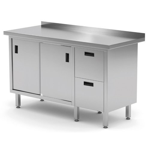 INOXI Work table with splashback, cabinet with two drawers and sliding doors - drawers on right side | 1800x700 mm INOXI Work table with splashback, cabinet with two drawers and sliding doors - drawers on right side | 1800x700 mm