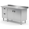 INOXI Work table with splashback, cabinet with two drawers and hinged doors - drawers on left side | 1100x700 mm INOXI Work table with splashback, cabinet with two drawers and hinged doors - drawers on left side | 1100x700 mm