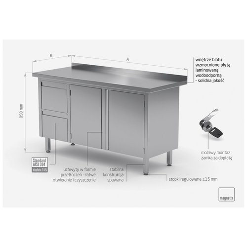 INOXI Stół przyścienny szafka z dwiema szufladami i drzwiami na zawiasach - szuflady po lewej stronie | 1100x700 mm INOXI Stół przyścienny szafka z dwiema szufladami i drzwiami na zawiasach - szuflady po lewej stronie | 1100x700 mm