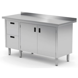INOXI Work table with splashback, cabinet with two drawers and hinged doors - drawers on left side | 1200x600 mm INOXI Work table with splashback, cabinet with two drawers and hinged doors - drawers on left side | 1200x600 mm
