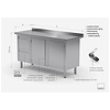 INOXI Work table with splashback, cabinet with two drawers and hinged doors - drawers on left side | 1600x700 mm