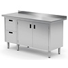 INOXI Work table with splashback, cabinet with two drawers and hinged doors - drawers on left side | 1800x700 mm