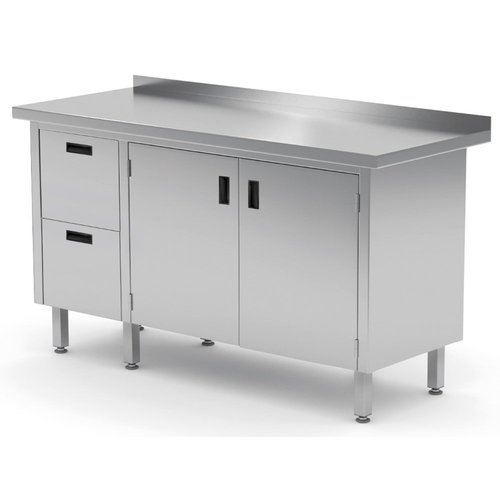 INOXI Work table with splashback, cabinet with two drawers and hinged doors - drawers on left side | 1900x600 mm INOXI Work table with splashback, cabinet with two drawers and hinged doors - drawers on left side | 1900x600 mm