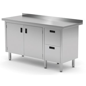 INOXI Stainless steel work table with splashback, cabinet with two drawers and hinged doors - drawers on right side, dimensions 1100x600x(h)850 mm INOXI Stainless steel work table with splashback, cabinet with two drawers and hinged doors - drawers on right side, dimensions 1100x600x(h)850 mm