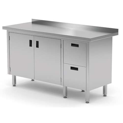 INOXI Stainless steel work table with splashback, cabinet with two drawers and hinged doors - drawers on right side, dimensions 1200x600x(h)850 mm INOXI Stainless steel work table with splashback, cabinet with two drawers and hinged doors - drawers on right side, dimensions 1200x600x(h)850 mm