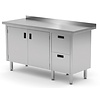 INOXI Stainless steel work table with splashback, cabinet with two drawers and hinged doors - drawers on right side, dimensions 1500x700x(h)850 mm