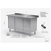 INOXI Stainless steel work table with splashback, cabinet with two drawers and hinged doors - drawers on right side, dimensions 1700x600x(h)850 mm