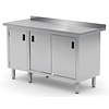 INOXI Work table with splashback, cabinet with sliding doors and hinged door - hinged door on the left | 1300x600 mm INOXI Work table with splashback, cabinet with sliding doors and hinged door - hinged door on the left | 1300x600 mm