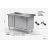 INOXI Work table with splashback, cabinet with sliding doors and hinged door - hinged door on the left | 1300x600 mm INOXI Work table with splashback, cabinet with sliding doors and hinged door - hinged door on the left | 1300x600 mm