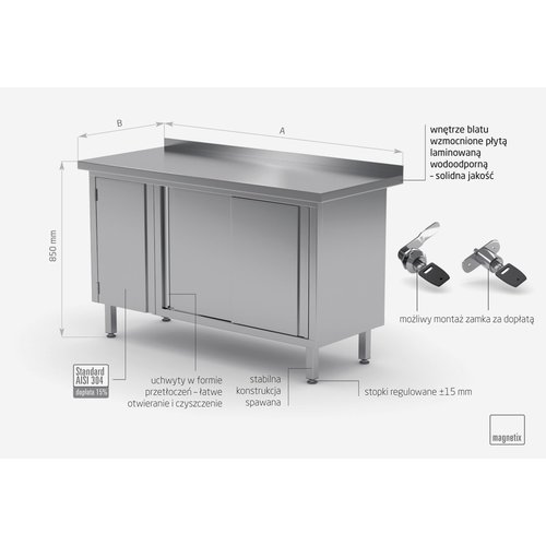 INOXI Work table with splashback, cabinet with sliding doors and hinged door - hinged door on the left | 1600x600 mm INOXI Work table with splashback, cabinet with sliding doors and hinged door - hinged door on the left | 1600x600 mm