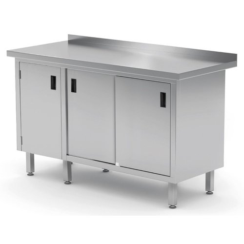 INOXI Work table with splashback, cabinet with sliding doors and hinged door - hinged door on the left | 1600x700 mm INOXI Work table with splashback, cabinet with sliding doors and hinged door - hinged door on the left | 1600x700 mm