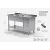 INOXI Table with two sinks, undershelf and cabinet with two drawers - sinks on left side | 1800x700 mm
