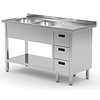 INOXI Table with two sinks, undershelf and cabinet with three drawers  - sinks on left side | 1400x600 mm