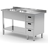 INOXI Table with two sinks, undershelf and cabinet with three drawers - sinks on left side | 1800x700 mm INOXI Table with two sinks, undershelf and cabinet with three drawers - sinks on left side | 1800x700 mm
