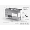 INOXI Table with two sinks, undershelf and cabinet with three drawers - sinks on right side | 1500x600 mm