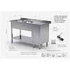 INOXI Table with two sinks, undershelf and cabinet with hinged door - sinks on left side | 1500x600 mm