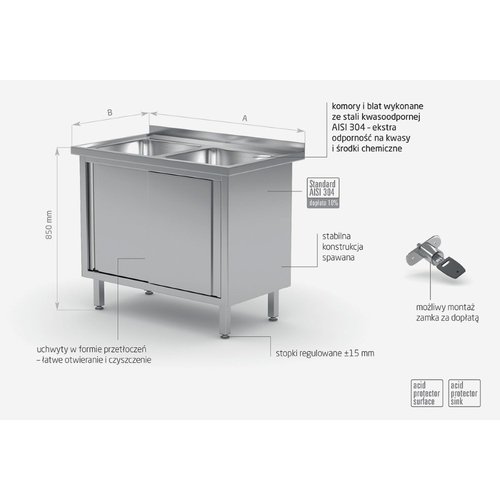 INOXI Stół z dwoma zlewami, szafka z drzwiami suwanymi | 1000x600 mm INOXI Stół z dwoma zlewami, szafka z drzwiami suwanymi | 1000x600 mm