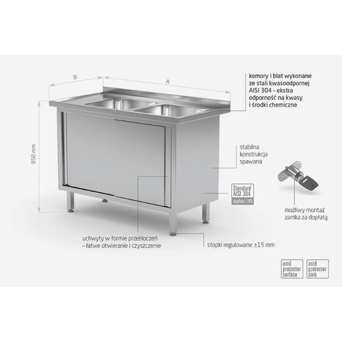 INOXI Table with two sinks and cabinet with sliding doors - sinks on right side | 1400x600 mm INOXI Table with two sinks and cabinet with sliding doors - sinks on right side | 1400x600 mm