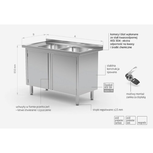 INOXI Stół z dwoma zlewami, szafka z drzwiami na zawiasach - komory po prawej stronie | 1200x600 mm