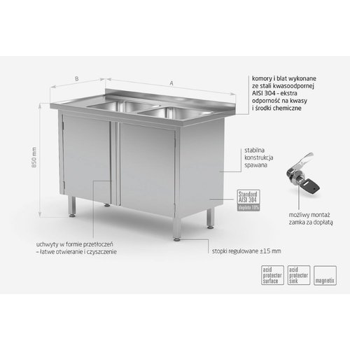 INOXI Stół z dwoma zlewami, szafka z drzwiami na zawiasach - komory po prawej stronie | 1500x600 mm INOXI Stół z dwoma zlewami, szafka z drzwiami na zawiasach - komory po prawej stronie | 1500x600 mm