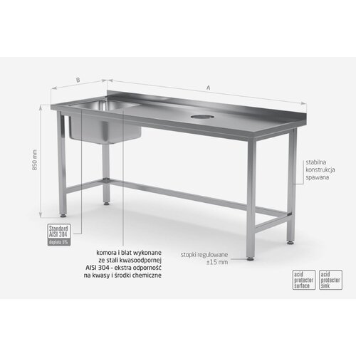 INOXI Stół ze zlewem i otworem na odpadki - komora po lewej stronie | 1500x600 mm INOXI Stół ze zlewem i otworem na odpadki - komora po lewej stronie | 1500x600 mm