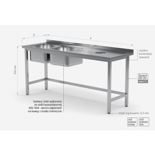 INOXI Stół z dwoma zlewami i otworem na odpadki - komory po lewej stronie | 1900x600 mm INOXI Stół z dwoma zlewami i otworem na odpadki - komory po lewej stronie | 1900x600 mm