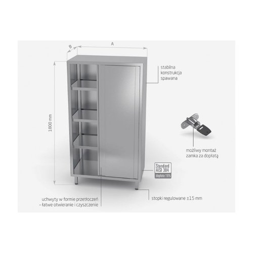 INOXI Stainless steel storage cupboard with sliding doors, dimensions 900x700x(h)2000 mm