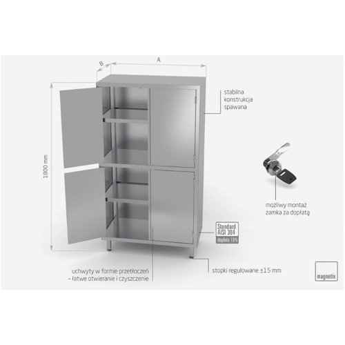 INOXI Szafa magazynowa ze stali nierdzewnej z przegrodą i drzwiami na zawiasach o wymiarach 1100x700x(h)2000 mm INOXI Szafa magazynowa ze stali nierdzewnej z przegrodą i drzwiami na zawiasach o wymiarach 1100x700x(h)2000 mm