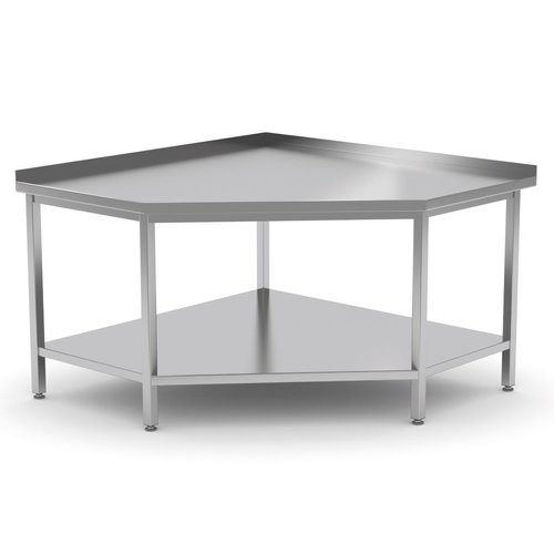 INOXI Stainless steel corner work table with splashback and shelf, dimensions 900x900x(h)850 mm INOXI Stainless steel corner work table with splashback and shelf, dimensions 900x900x(h)850 mm